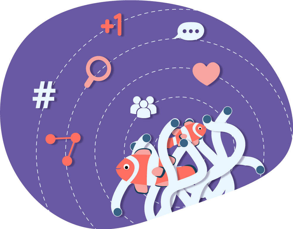 cartoon image of anemone, clownfish and stylized social media elements